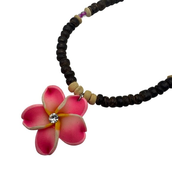 Floral Beaded Necklace Pink Yellow Charm Barrel Clasp 18 Inches Handmade Wood - Picture 2 of 5